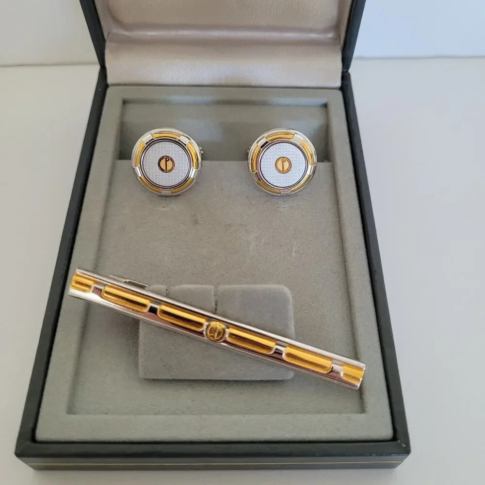 Dunhill Vintage Round Cufflinks Tie Clasp Clip Bar Set Silver Gold Two Tone Box